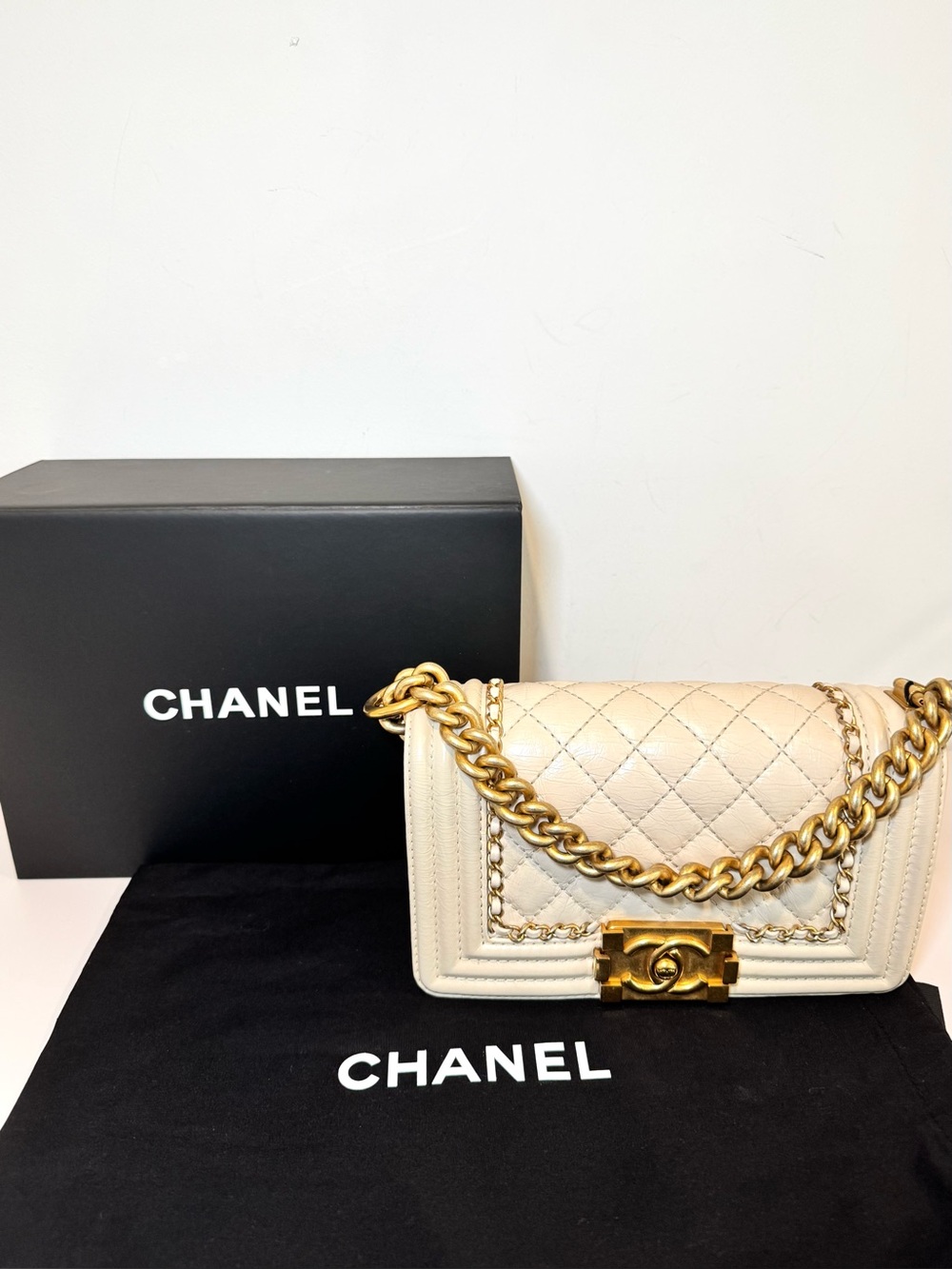 Chanel Small Chain Around Boy Bag W Cream Quilted Aged Calfskin & Gold Hardware